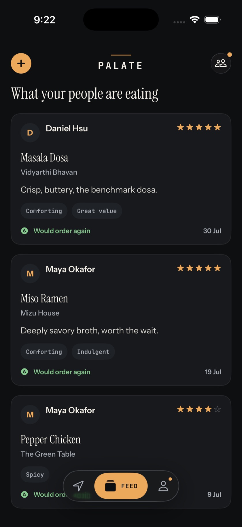 Palate feed showing reviews from accepted follows