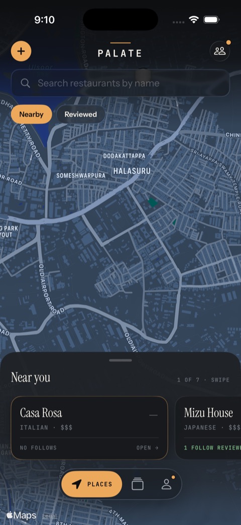 Places tab with live map and nearby restaurant cards