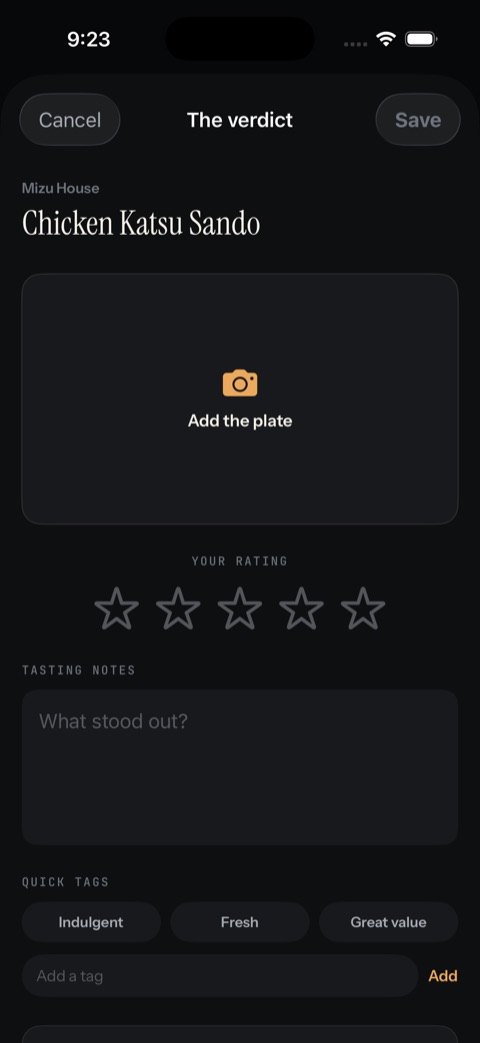 The verdict screen for rating and tagging a dish