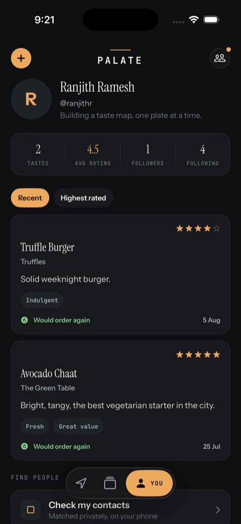You tab showing profile stats and review history