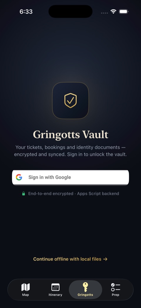 Gringotts Vault sign-in screen