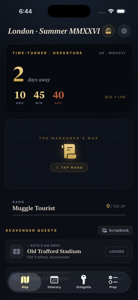 Map tab with Time-Turner countdown and the Marauder's Map