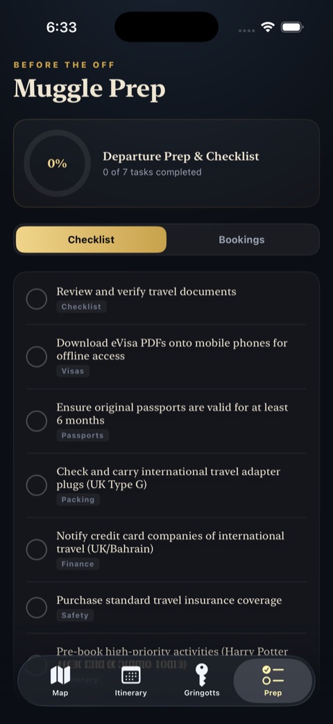 Muggle Prep departure checklist screen